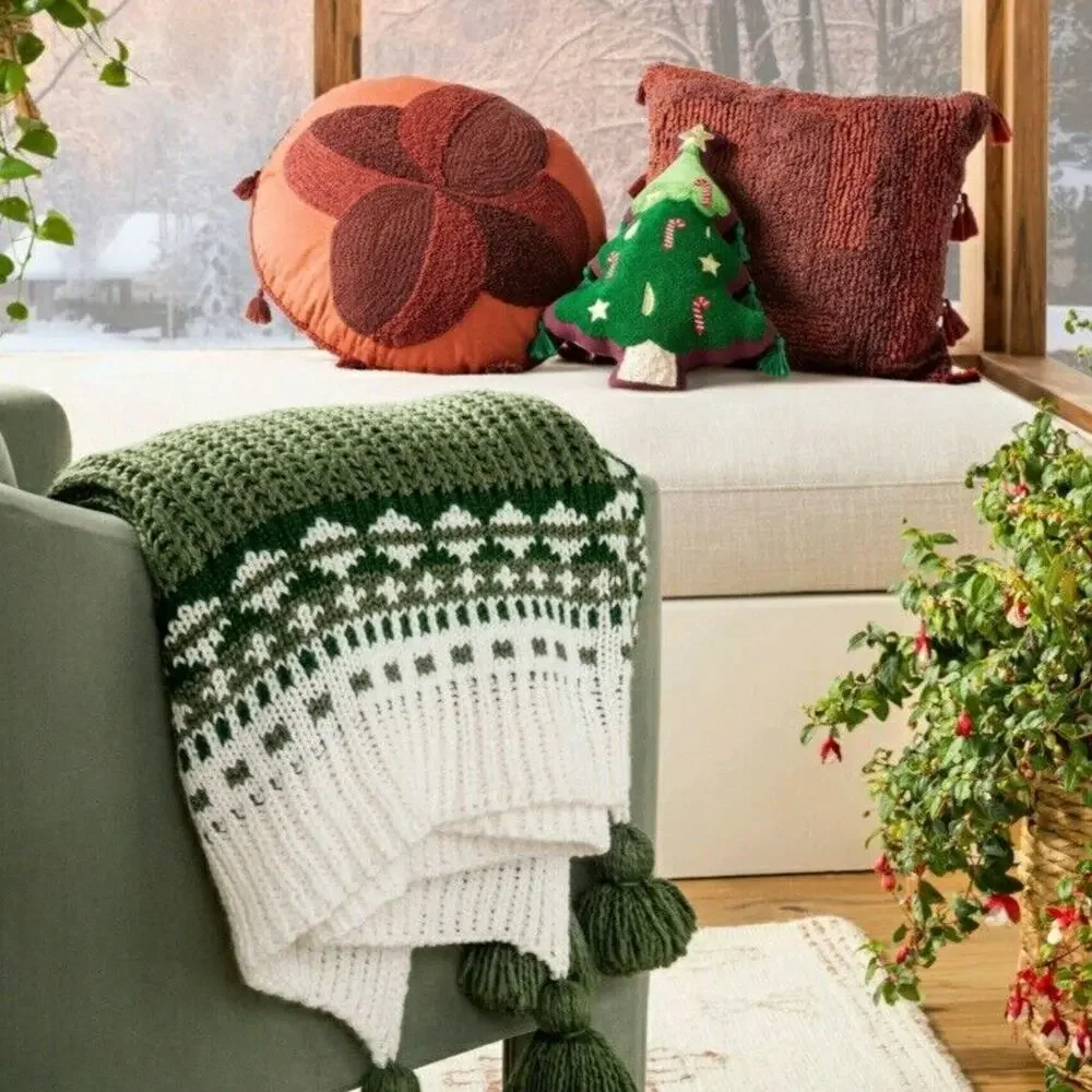Jungalow Opalhouse Christmas Pillow Green Tree Embellished Tassels Holidays NEW